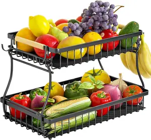 2 Tier Fruit Basket with 4 Banana Hangers, Premium Detachable Fruit Bowl for Kitchen Counter, Large Capacity Fruit Holder Stand Countertop Organizer for Bread Snack Produce Storage