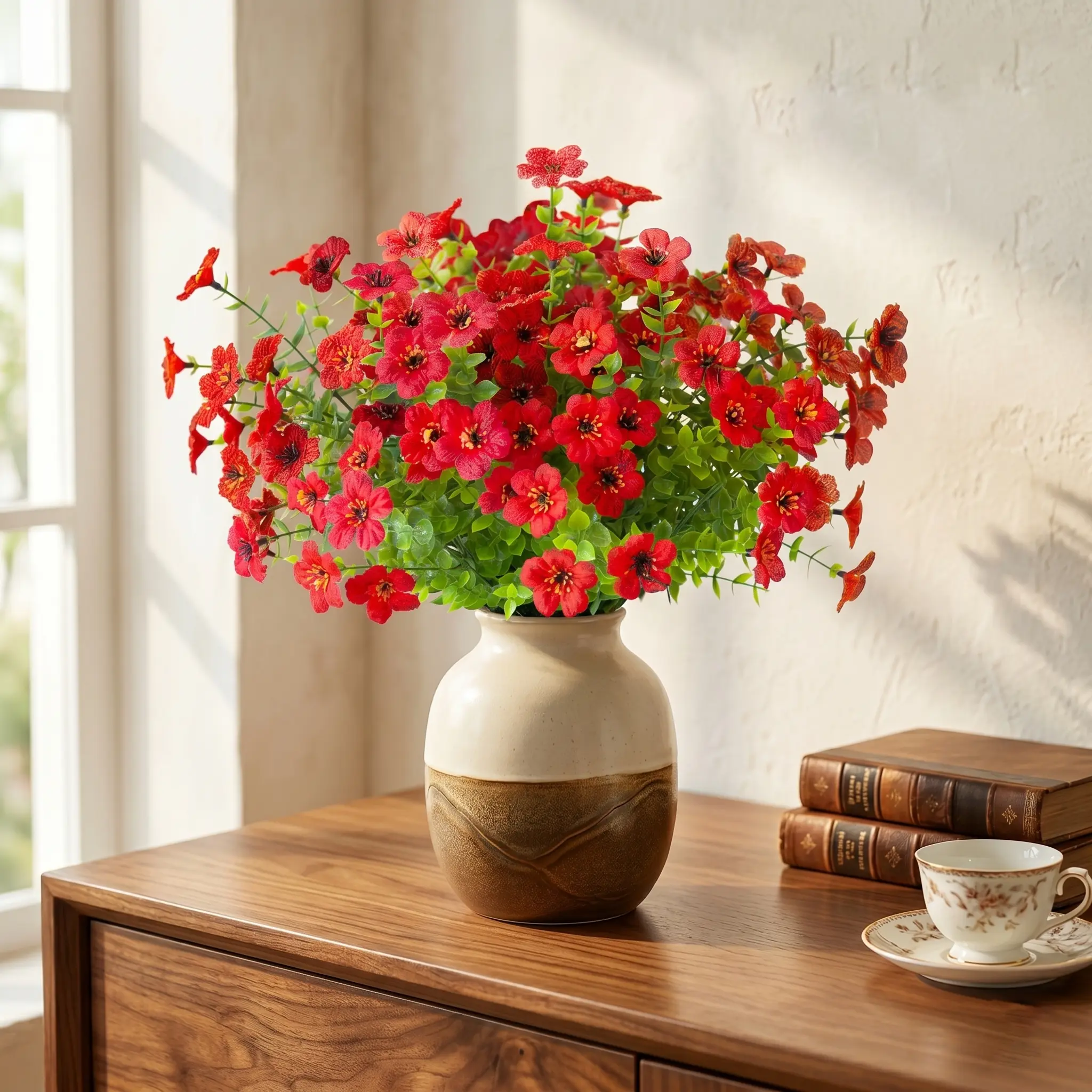 Chessie 4 Bundles Artificial Flowers, UV Resistant Fake Outdoor Plants for Garden Porch Window Box Decoration