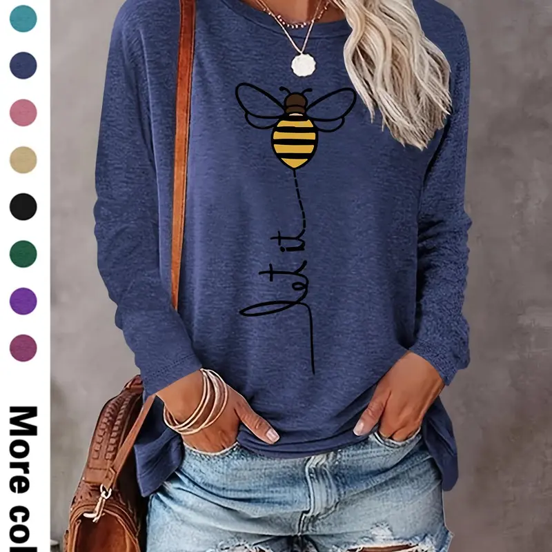 Women's Cartoon Bee Print Round Neck Tee, Casual Long Sleeve Crew Neck T-shirt for Fall & Winter, Women's Casual Chic Top for Daily Wear