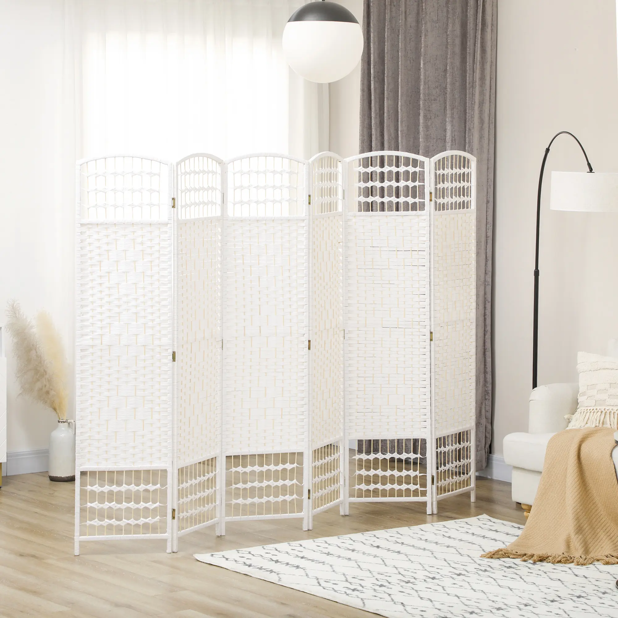 6-Panel Folding Portable Privacy Screen Room Divider, White Wave Fiber Partition for Home Office, Bedroom, with Sunscreen Shading Function