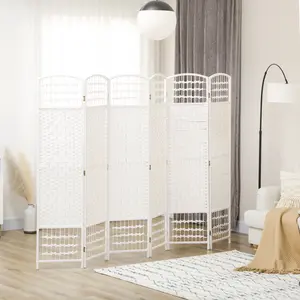 6-Panel Folding Portable Privacy Screen Room Divider, White Wave Fiber Partition for Home Office, Bedroom, with Sunscreen Shading Function