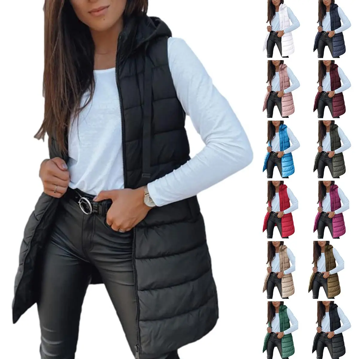 Women's Casual Solid Color Long Puffer Vest, Lightweight Sleeveless Hooded Outerwear with Pockets and Side Splits, Fabric, Street Wear, Outdoor, Breathable, Polyester, Tops, Holiday, Hooded Neck, Side Slits, Long Vest, Garment, Basic, Do Not Bleach