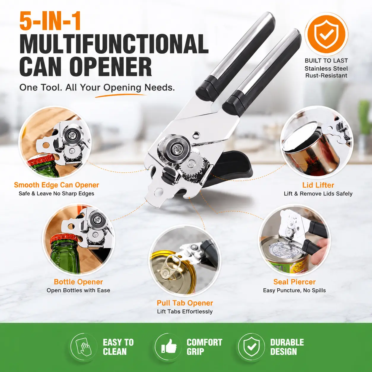 5-In-1 Multifunctional Can Opener, Heavy Duty Stainless Steel Manual Opener with Smooth Edge, Lid Lifter, Bottle Opener, Pull Tab Opener, Comfort Grip Handle, Rust Resistant And Easy to Clean, for All Your Kitchen Opening Needs