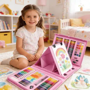 Art Supplies, 208-Piece Drawing Art Kit, Gifts for Kids Girls Boys Teens, Art Set Crafts Case with Double Sided Trifold Easel, Includes Sketch Pads, Crayons, Colored Pencils, Gifts for kids (Pink)