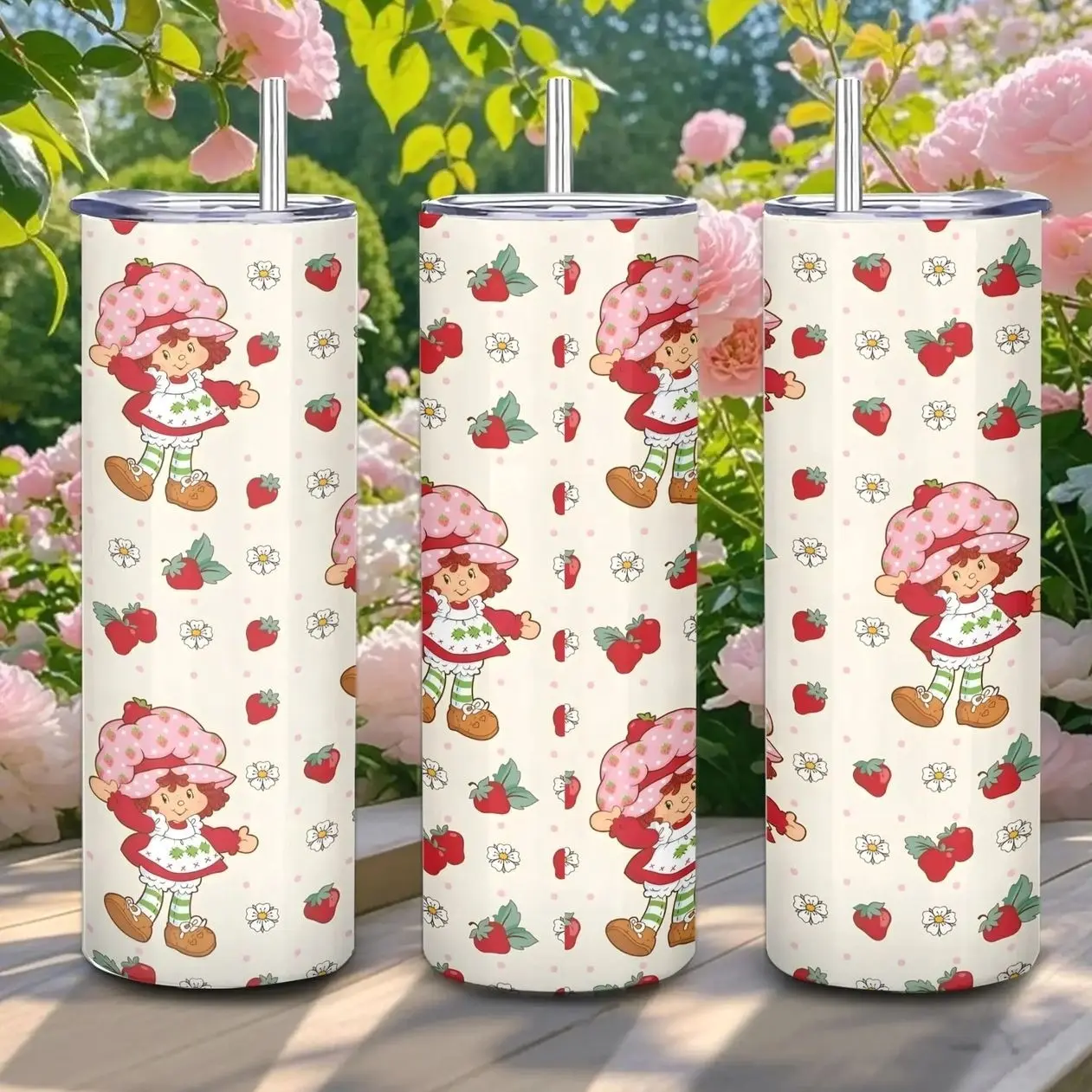 20oz Stainless Steel Tumbler, 1 Count Strawberry Shortcake Pattern Insulated Water Bottle, Stainless Steel Thermos, Stainless Steel Flask