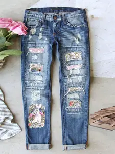 Women's Patch Ripped Distressed Mid-Waist Boyfriend Fit Washed Cute Animal Print Easter Rabbits Eggs Print Loose Denim Jeans Elastic Waistband Breathable Comfy for All Seasons