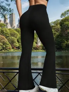 Women's Fall Solid Flare Leg Sports Pants, High Waist Compression Yoga Pants, Casual Running Fitness Joggers, Daily Wear, Activewear Bottoms, Athleisure Pants