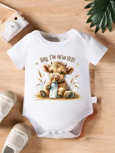 Baby Highland Cow "Hay, I'm New Here" Bodysuit, Cute Farm Animal Newborn Onesie, Soft Infant Casual Outfit
