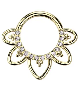 Gold PVD Flower Trace Clear CZ Titanium Hinged Segment Ring