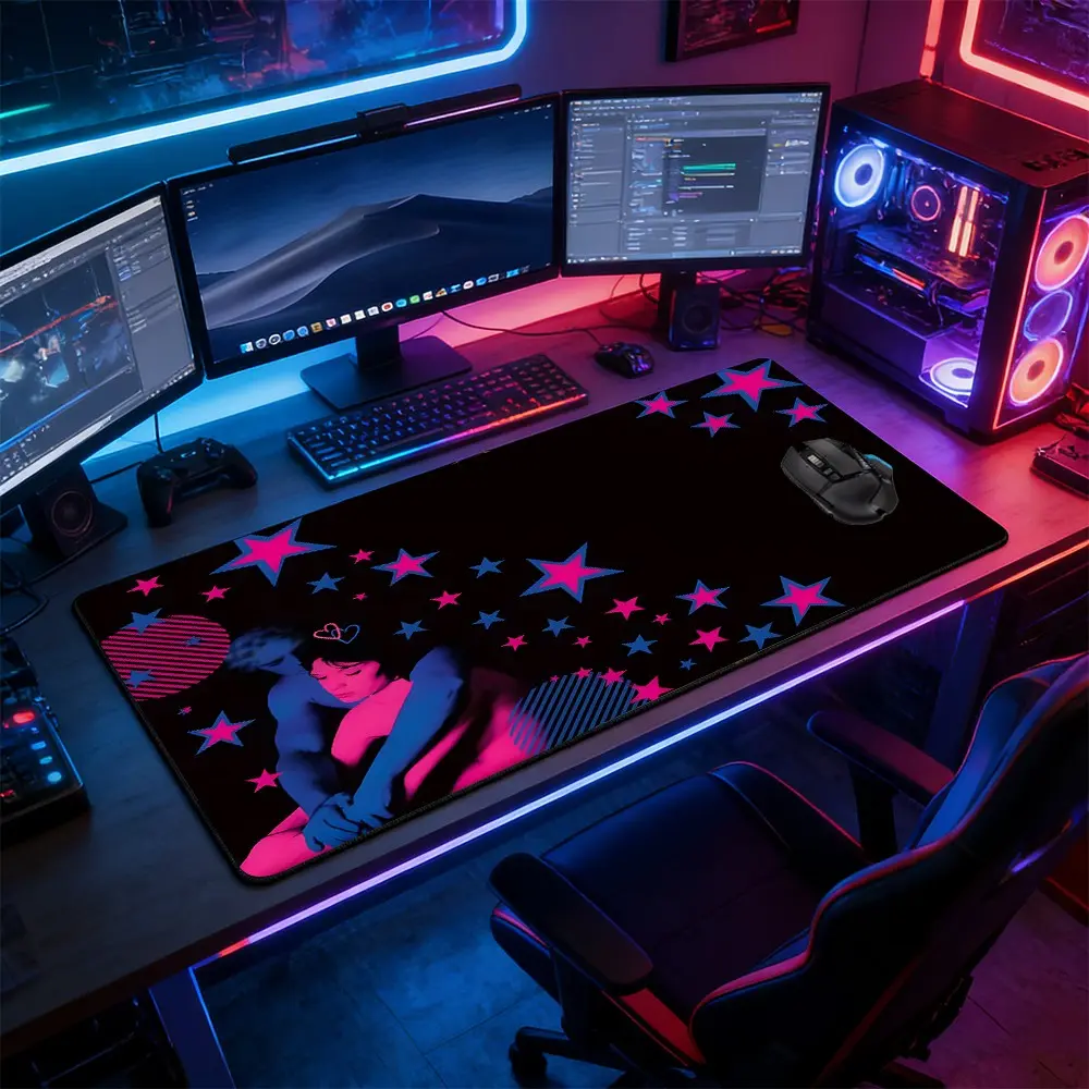 Neon Star & Anime Portrait Large Extended Gaming Mouse Pad, Non-Slip Rubber Base Stitched Lock Edge Desk Mat, Retro Vaporwave Aesthetic Design, Durable Computer Accessory for Home Office & Gaming Setup, Perfect Gift for Gamers & Vaporwave Fans
