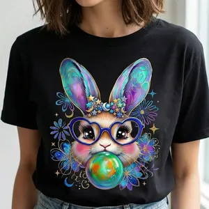Unisex Happy Easter Bunny Cotton TShirt with Coquette Bow Brushstroke Design Casual Top Trendy Easter Celebration Attire
