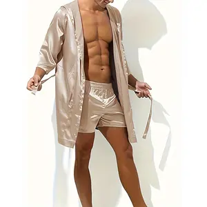 Men's Ice Sliky Fiber Fabric Two-Piece Hooded Robe Basic Long Robe + Shorts, Summer Loungewear | Simple Casual Robe | Silky Texture Shorts