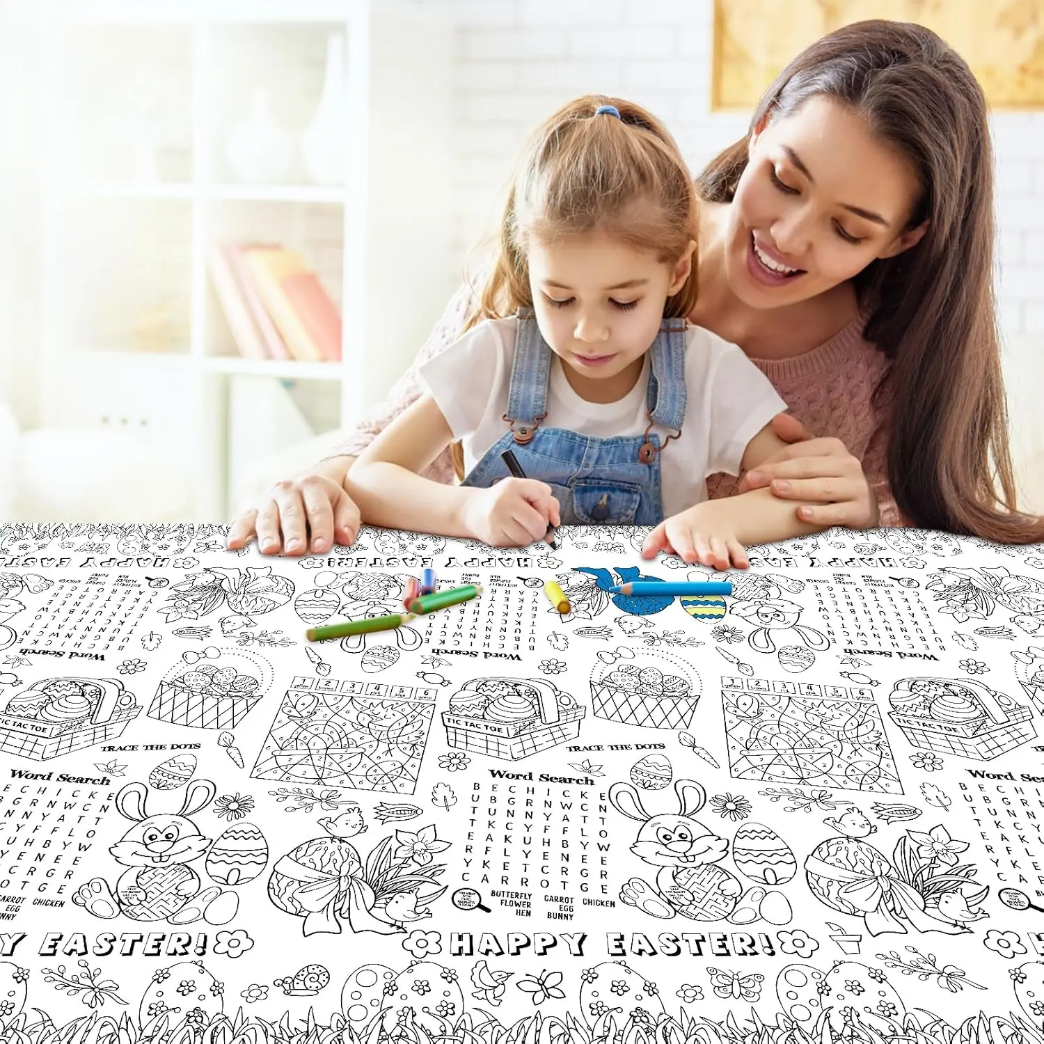 1 Pack Happy Easter Coloring Tablecloth for Kids - Giant Easter Color-in Paper Poster, Rectangle Easter Bunny Activity Coloring Table Cloth for Spring Easter Party Decorations Favors, 54 x 108 Inch