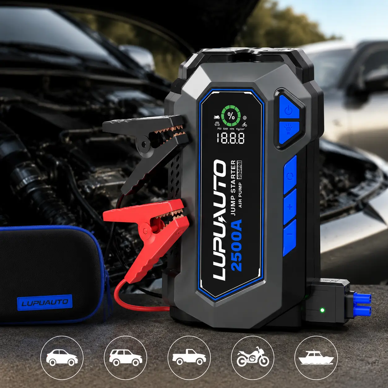 Automotive 2500A Power Portable Car Jump Starter & Tire Inflator, Multi-Function Car Charger with LED Emergency Light & Emergency Start Capability, Cars/Motorcycles