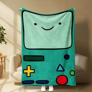 Adventure Time BMO Flannel Blanket featuring the iconic cute game console design in fresh green, soft and cozy fabric, lightweight yet warm, suitable for sofa naps, bedroom throws or dorm décor, all-season versatile,