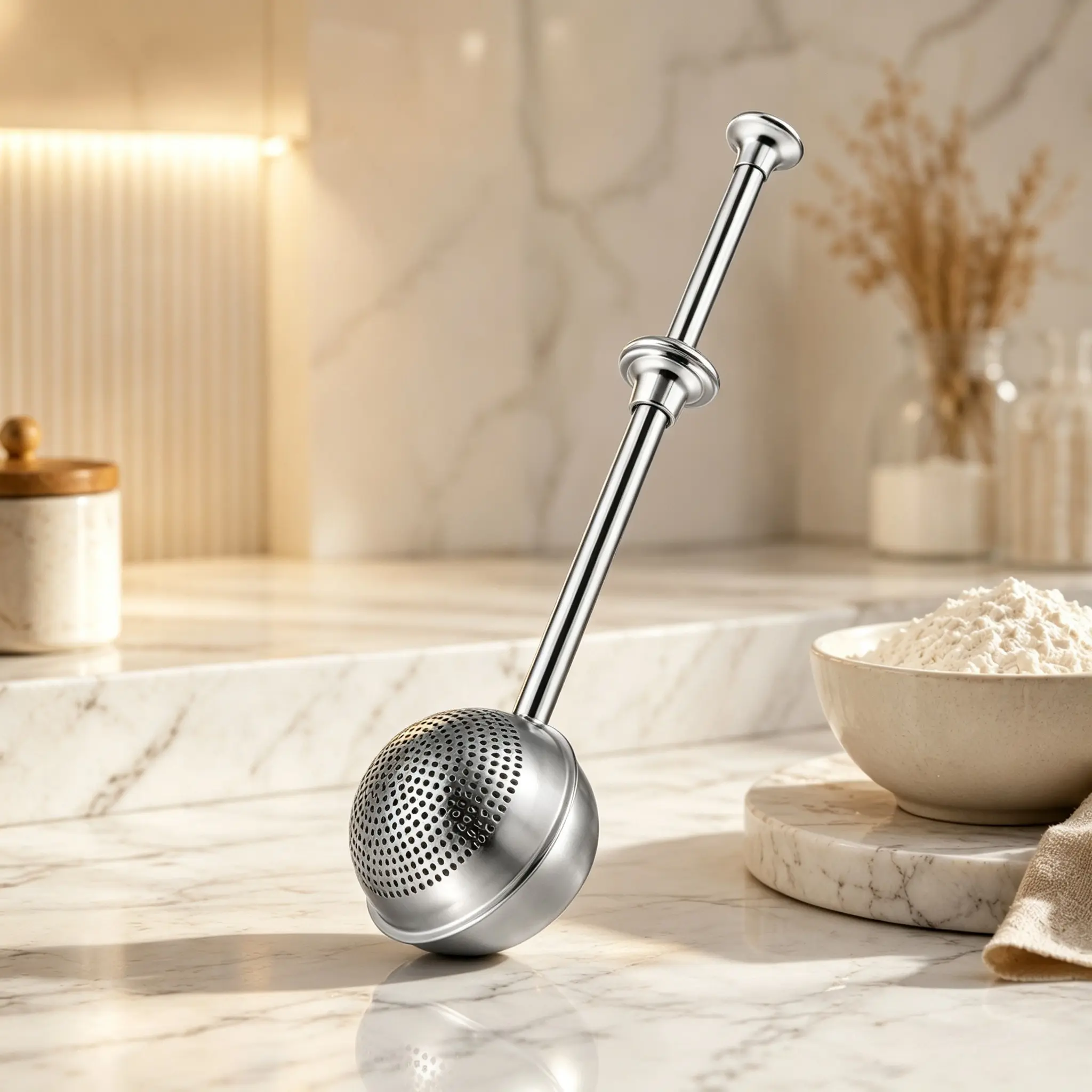 Refined Stainless Steel Flour Duster Wand - 1-Handed Baking Utensil for Sourdough, Cakes, Cocoa