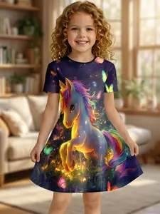 Girls Dreamy Glowing Unicorn Party Dress, Baby Butterfly Print Pleated Dress, Birthday Performance Photo Dress