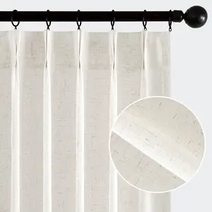 Pinch Pleated Linen Curtains, 2-Panel Floor-to-Ceiling Textured Semi-Sheer Light-Filtering Drapes with Hooks and Rings