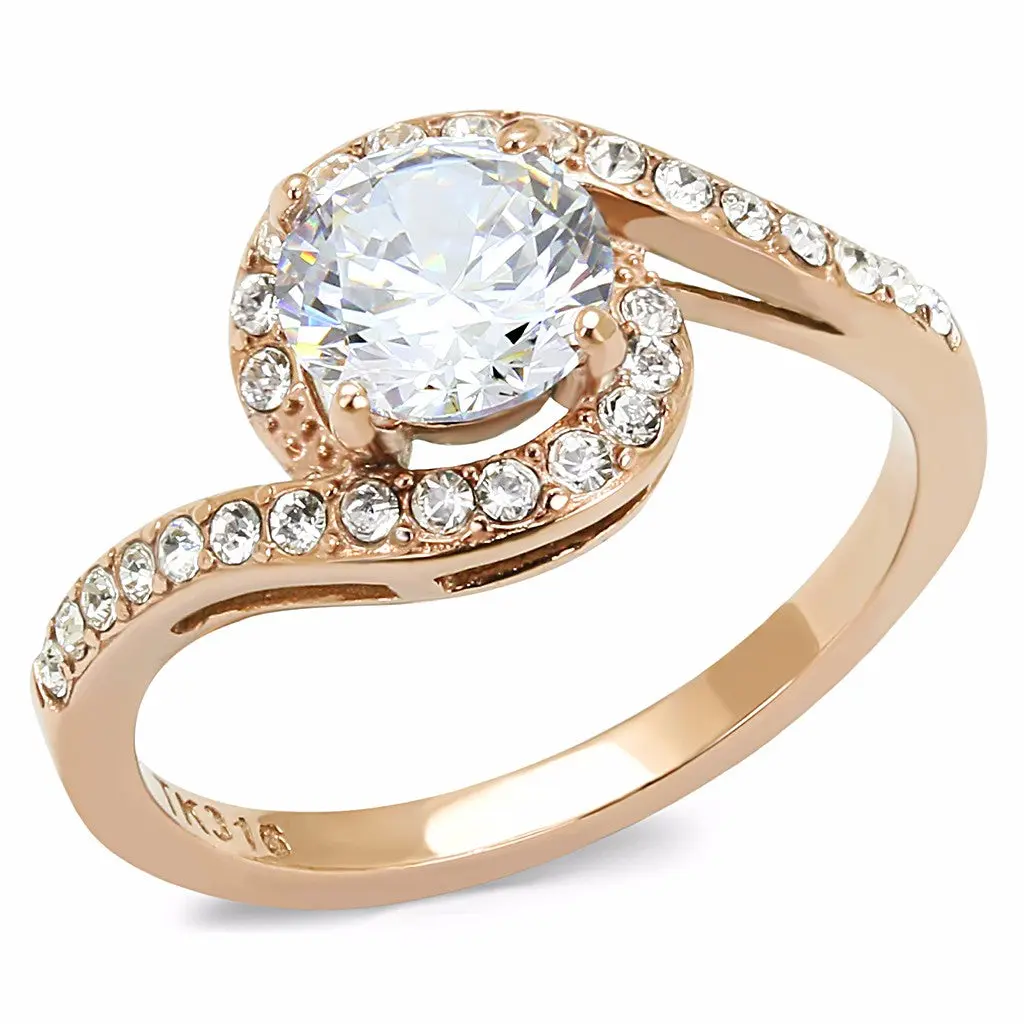 Women's Luxury Wedding Ring - Tarnish-Proof Stainless Steel Band, Rose Gold Halo Setting, 7x7mm Round Cut Cubic Zirconia Solitaire Ring for Adults
