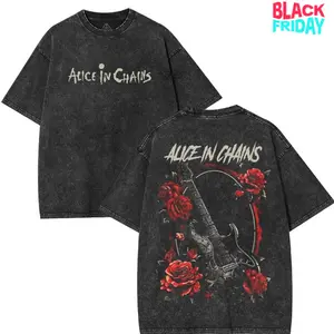 Retro Limited Alice In Chains Graphic T-Shirt - 90s Rock Band Merch, Gothic Punk Emo Y2K Outfits, Guitar Rose Print, Casual Fabric, Men's Tops