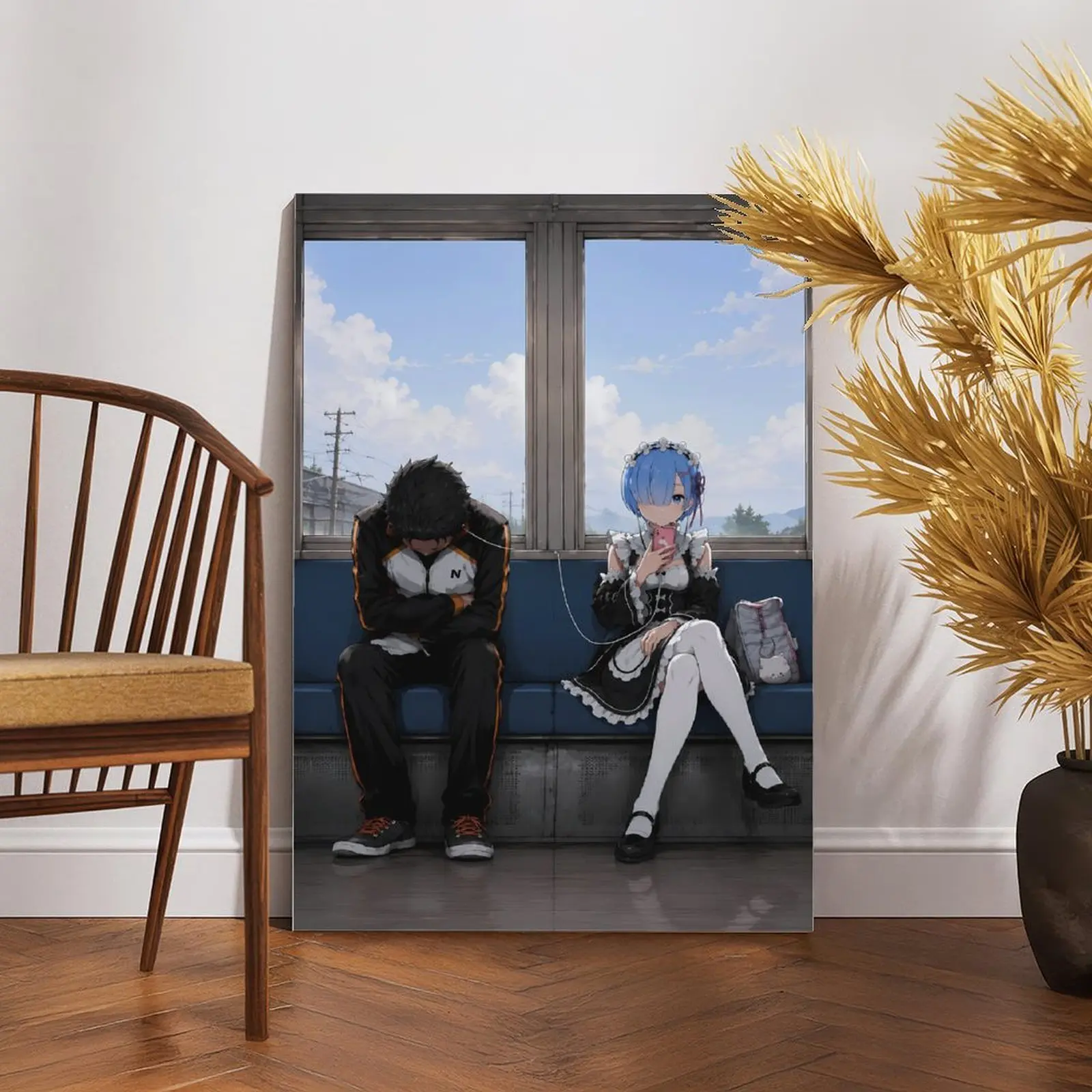 Re:0 Anime Framed Canvas Art - Subaru Natsuki & Rem Train Ride Poster Print, Modern Japanese Aesthetic, Lightweight Wall Decoration, Easy-Hang Otaku Gift for Gaming Room