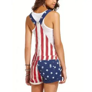 Women's 4th of July Denim Overalls - Patriotic Star & Stripe Print Sexy Off-Shoulder Suspender Shorts, Machine Washable Denim-Look Fabric for Independence Day Summer Outfits, Holiday Celebration Wear, Offshoulder Fashion, Vintageinspired Design