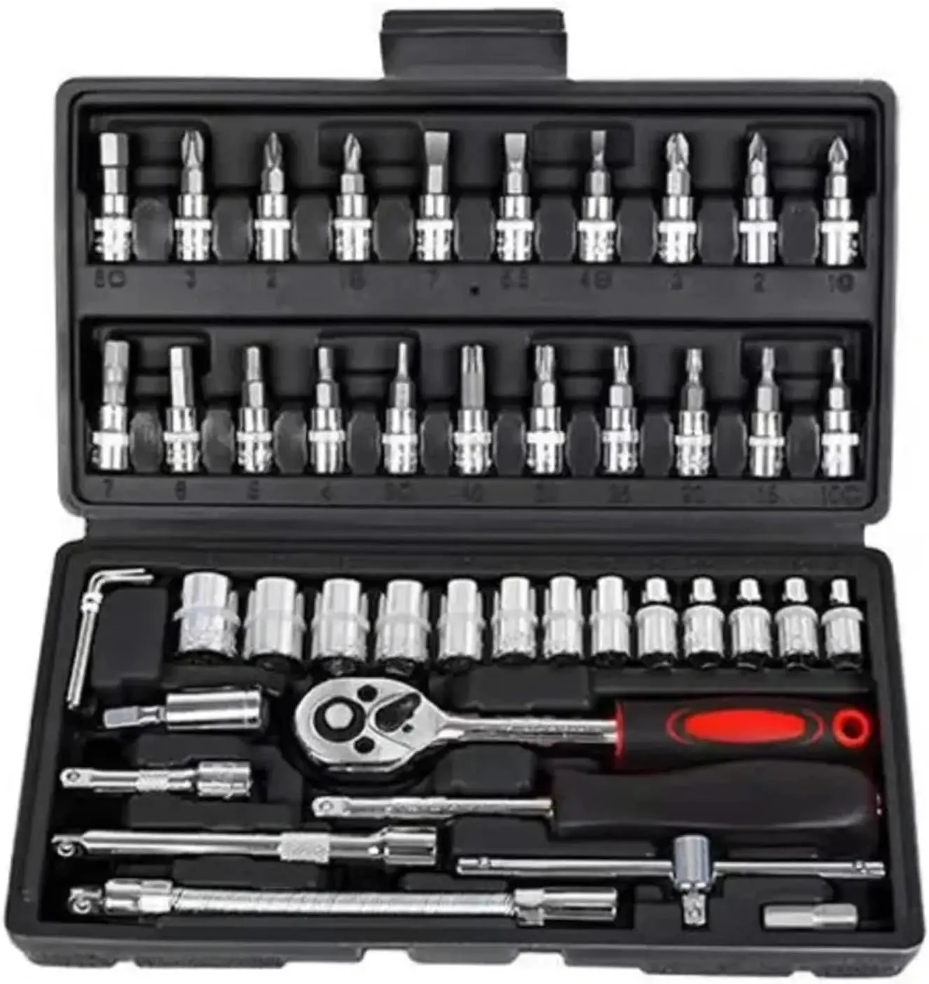 46 Pieces 1/4 inch Drive Socket Ratchet Wrench Set, with Bit Socket Set Metric and Extension Bar for Auto Repairing and Household, with Black Storage Case