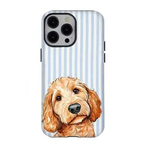 Cute Goldendoodle Blue Stripe Aesthetic Phone Case, Shockproof Tough Cover Compatible with iPhone 11-17 Pro Max & Samsung S21-S25 LUMN Studio summerwins