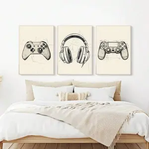 Optional Wooden Frame Nordic Minimalist sketch game controller headset game room esports bedroom canvas poster decor