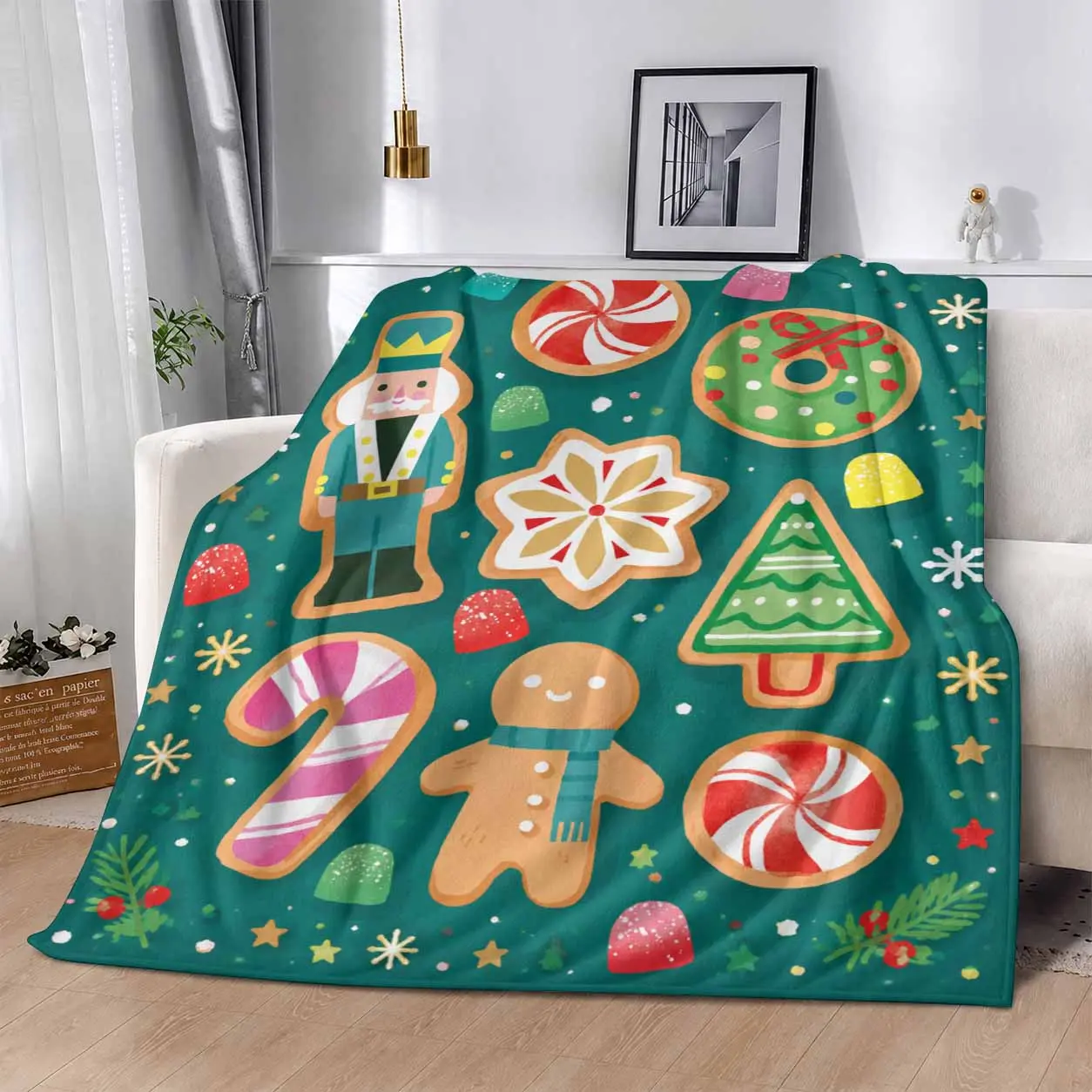 Christmas Cookie Nutcracker Flannel Blanket. Festive Gingerbread Man Candy Cane Pattern. Soft Warm Breathable Lightweight Plush Throw. Suitable for Bed. Sofa. Camping. Cold Movie Theater. Travel. Perfect Gift for Family and Friends.