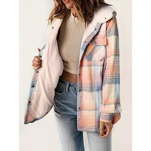 Women's Plaid Hooded Jacket - Warm Long Sleeve Outerwear with Flap Pockets, Pink & Blue Checkered Design,  Lightweight Jacket Fabric Womenswear
