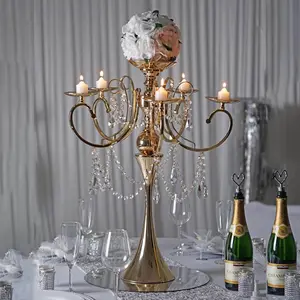 Metal Candelabra 27" 5 Arm Design Gold with Hanging Crystal Drops - Table Centerpiece for Events