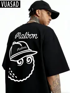 Malbon Cartoon Golf Ball Print Short Sleeve Tee, Casual Loose Fit Men's T-Shirt, American High Street Style Streetwear, No Zipper, Without Collar, Menswear