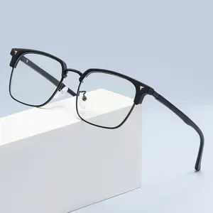 [Blue Light Blocking] Retro Square Semi-Rimless Glasses | Stylish PC + Metal Wear-Resistant Blend Non-Prescription Glasses for Reading, Gaming, and Computer Use (Includes Cleaning Cloth & Case)
