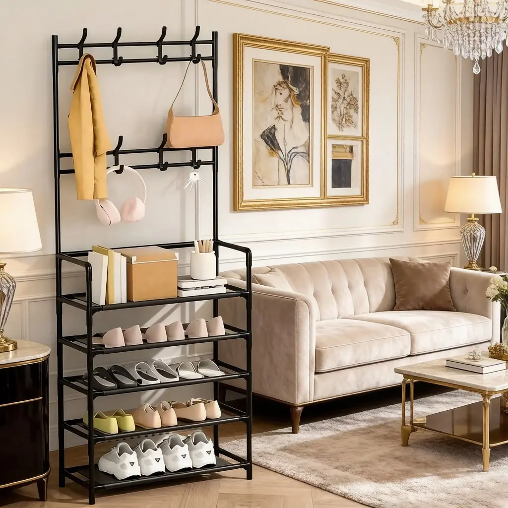 Coat&Shoe&Hat Standing Rack — 60cm Freestanding Coat, Shoe & Hat Rack with Modular Hooks & Tiered Shelves, Elegant Storage Solution for Modern Apartments & Homes.
