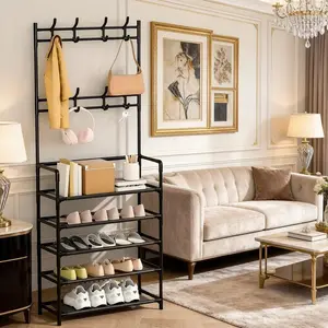 Premium Space-Saving Organizer — 60cm Freestanding Coat, Shoe & Hat Rack with Modular Hooks & Tiered Shelves, Elegant Storage Solution for Modern Apartments & Homes.