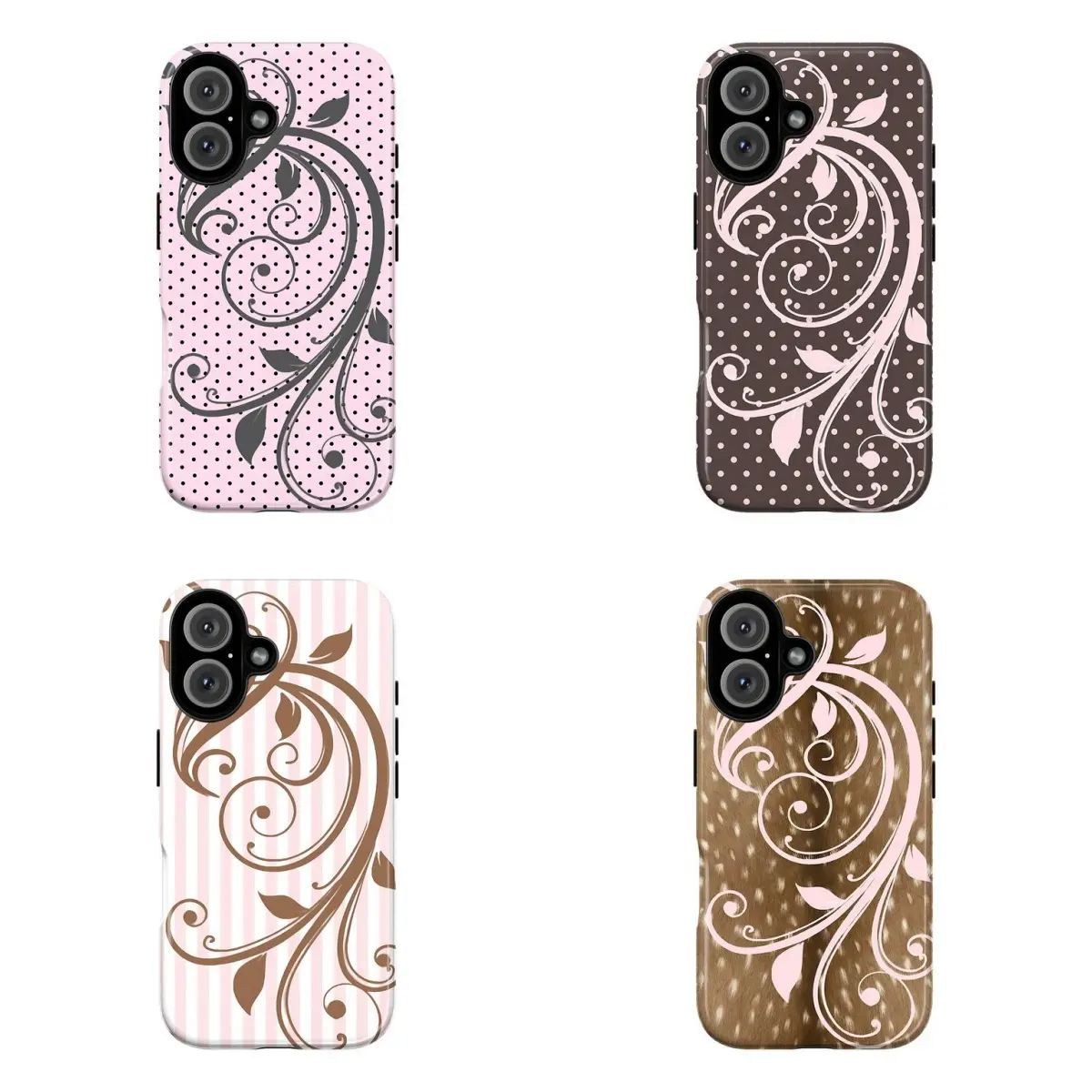 Aesthetic Floral Swirl Smartphone Case - Vintage Leaf Pattern, Soft Pink Polka Dot, Stripe Design Tough Cover for iPhone 17 Pro Max,16-11 & Samsung S21-S26 | Custom Handheld Devices Accessories | Ideal Gift
