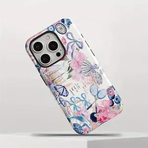 Fashion Blue Floral Bow Phone Case, Durable Dual Layer Design, Compatible with iPhone 17-11,XR, XS, Plus, All over Print