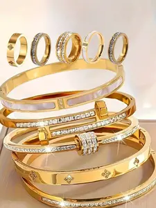 10 piece set of 304 stainless steel bracelets paired with rings, matching jewelry set, elegant, fashionable, luxurious with rhinestone design, suitable for daily versatility and giving gifts to family and friends