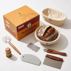 Sourdough Starter Kit with 2 Banneton Bread Proofing Baskets, 10" Round and Oval Rattan Bannetons, Sapele Mahogany Sourdough Tools, Bread Making Kit, Sourdough Bread Baking Supplies