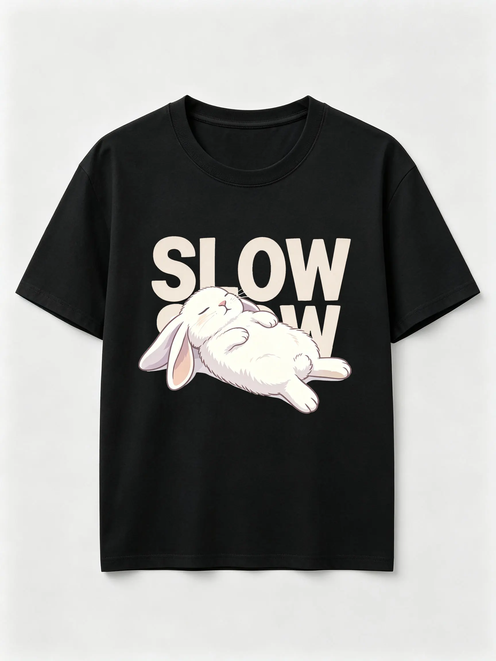 Slow Lazy Lying White Rabbit Graphic T Shirt, Cute Relax Bunny Cartoon Tee, Casual Short Sleeve Cotton Shirt For Men Women