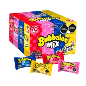 1 Box Bubbaloo Mix 4 sabores (70 piezas) Chicle con centro líquido, Dulces mexicanos, Sabores Fresa, Mora Azul, Plátano y Tutti Frutti