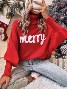 Women's Letter Pattern Batwing Sleeve Turtleneck Sweater, Casual Long Sleeve Jumper for Fall & Winter, Fashion Ladies' Knitwear for Daily Wear