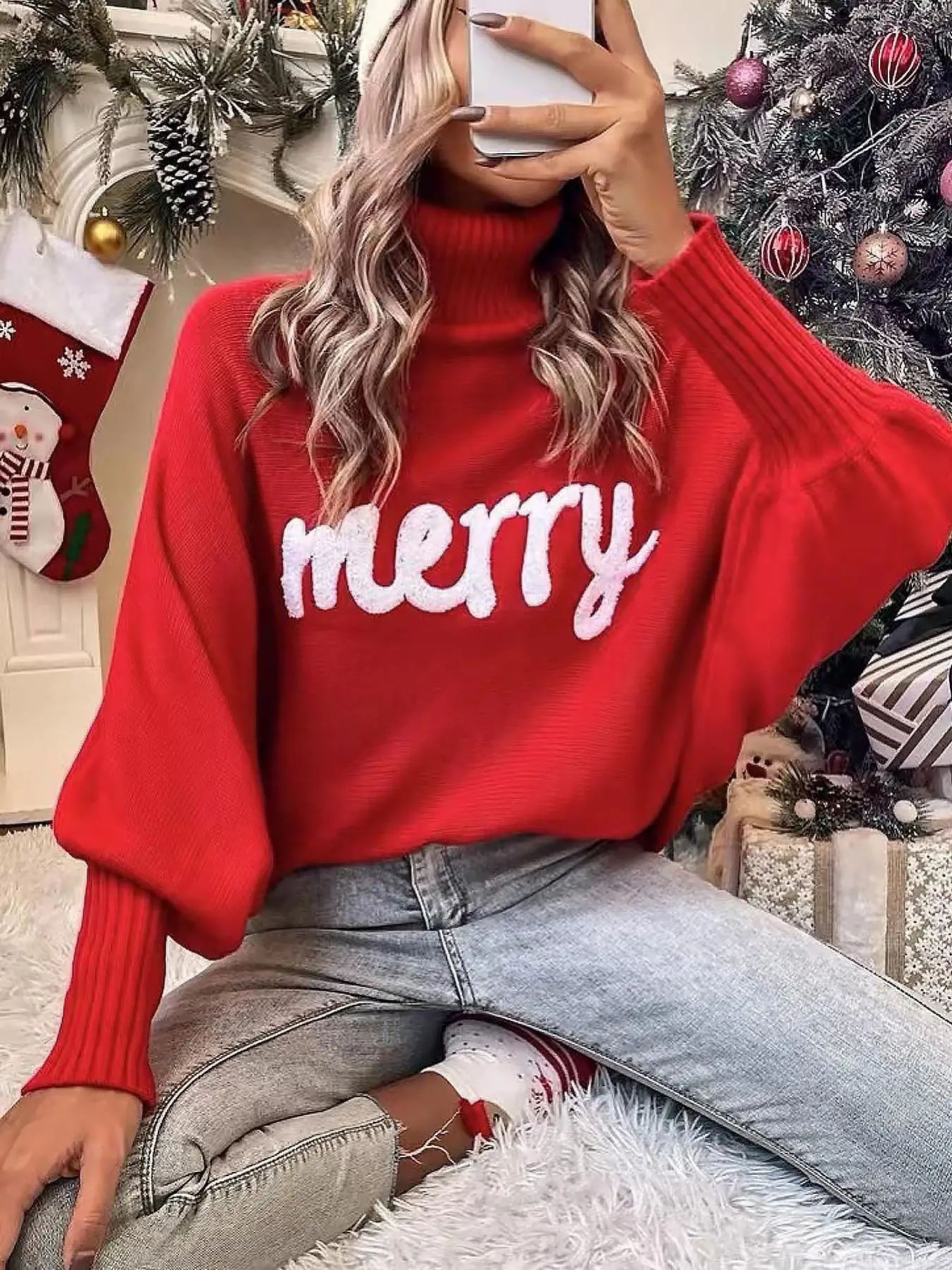 Women's Letter Pattern Batwing Sleeve Turtleneck Sweater, Casual Long Sleeve Jumper for Fall & Winter, Fashion Ladies' Knitwear for Daily Wear