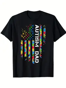 Men's Plus Size Autism Awareness T-Shirt - Black 'Autism Dad' Puzzle & American Flag Design with Color-Coded Spectrum, Soft Breathable Cotton Crewneck Tee for Dads, Casual Wear, Supportive Gift for ASD Parents, PLUS SIZE