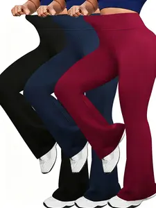 Women's 3-Pack (3pcs) Formal High-Rise Flared Bell-Bottom Pants, Solid Color Medium-Stretch Fabric Trousers with Pockets, Wide-Leg Office Clothes, Machine Washable, Suitable for Gym & Yoga Womenswear Style