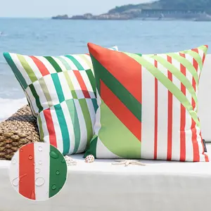 Phantoscope Pack of 2 Outdoor Pillows Waterproof Geometric Stripes Outdoor Pillow Covers, Decorative Square Patio Pillows Cushion Case