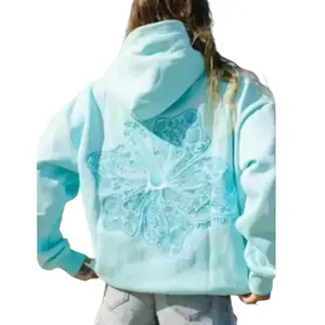 All-Match Street Clothes Women's Pullover Hoodie with Floral Embroidery Design in Light Blue Color Medium Size