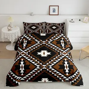 Rustic Western Comforter Set,Southwestern Aztec Bedding Set,Ethnic Mexican Geometric Diamond Brown Black White Farmhouse Duvet Insert