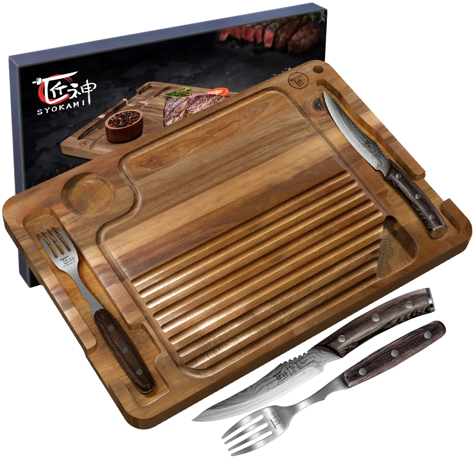 【DealsForYouDays】SYOKAMI Wood Steak Board Set with Non-Serrated Steak Knife and Fork, Acacia Steak Serving Board with Sauce Well, Juice Groove, Utensil Slots, Wooden Steak Plate Gift for Steak Lovers